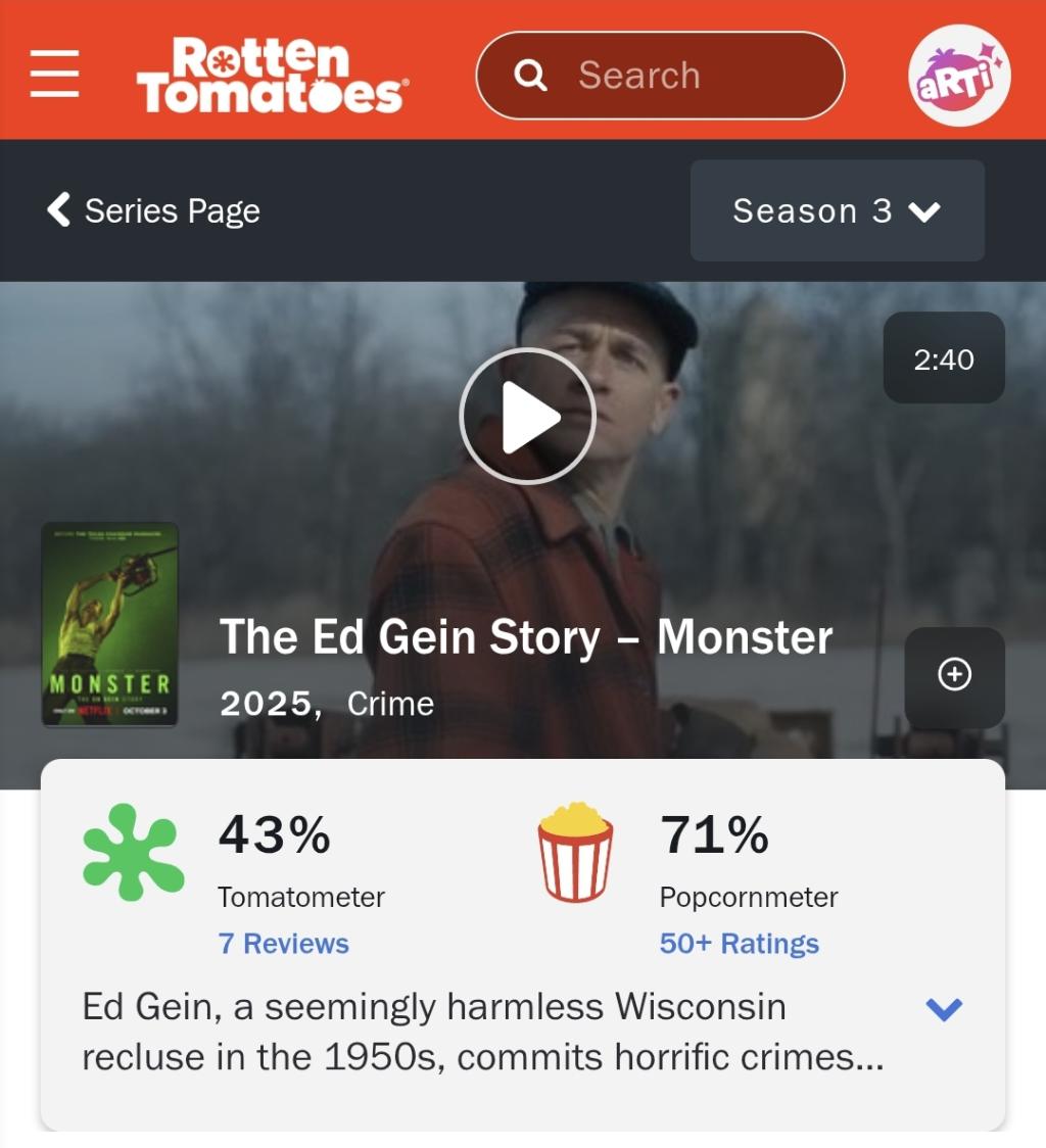 익스트림무비 [괴물 에드 게인 이야기] 로튼 토마토 점수 43