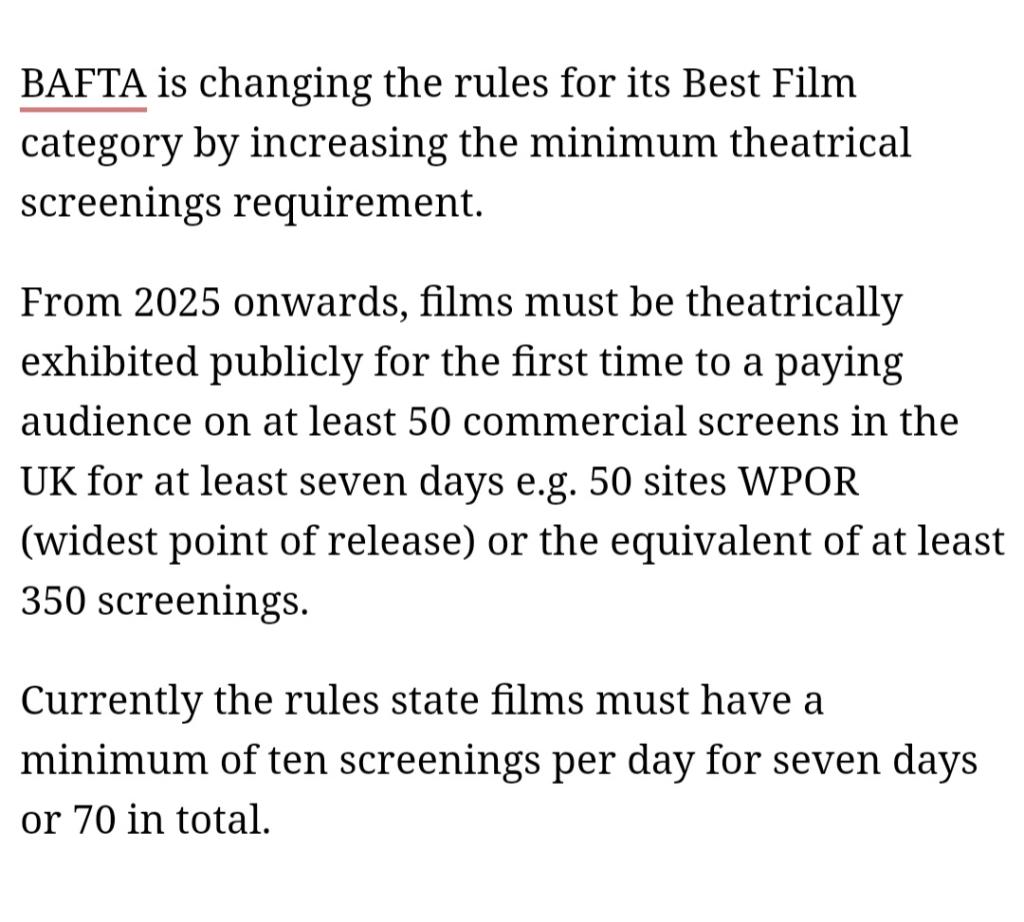 익스트림무비 - BAFTA , 2025년부터 최우수작품상 극장상영관수 요건강화