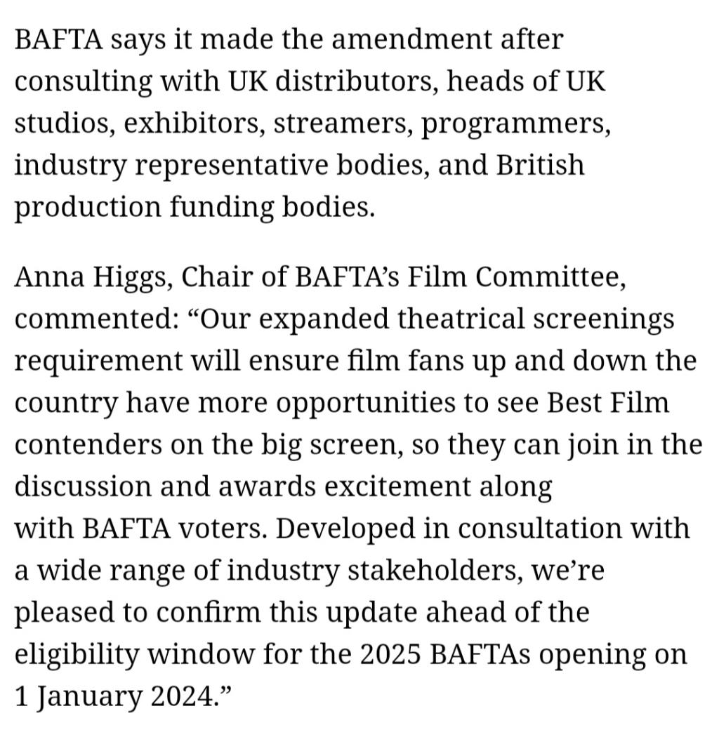 익스트림무비 BAFTA , 2025년부터 최우수작품상 극장상영관수 요건강화