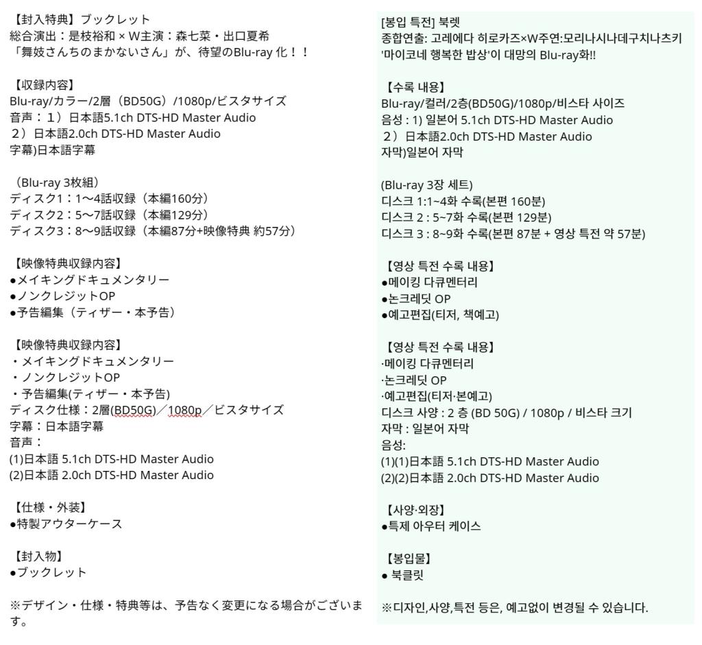 익스트림무비 - [일본 정보?] 넷플릭스 마이코네 행복한 밥상 블루레이 예약판매.